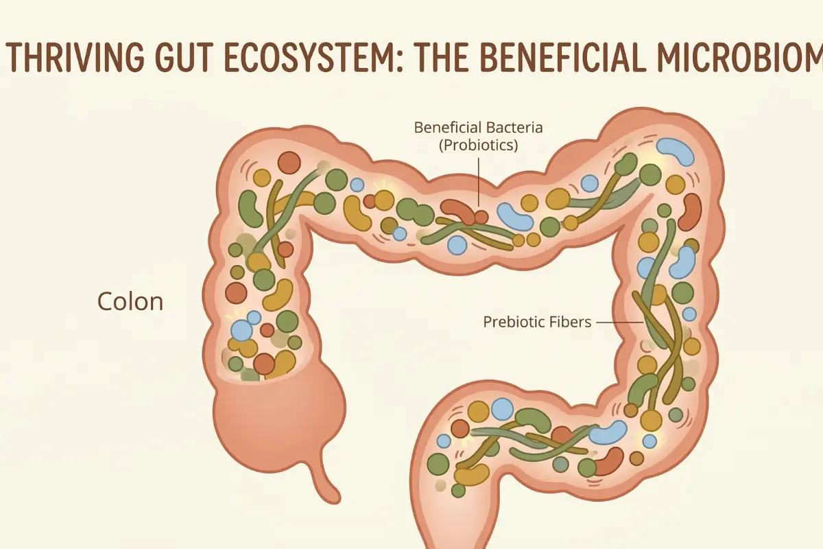 Écosystème intestinal : microbiote, bactéries bénéfiques et fibres prébiotiques dans le côlon